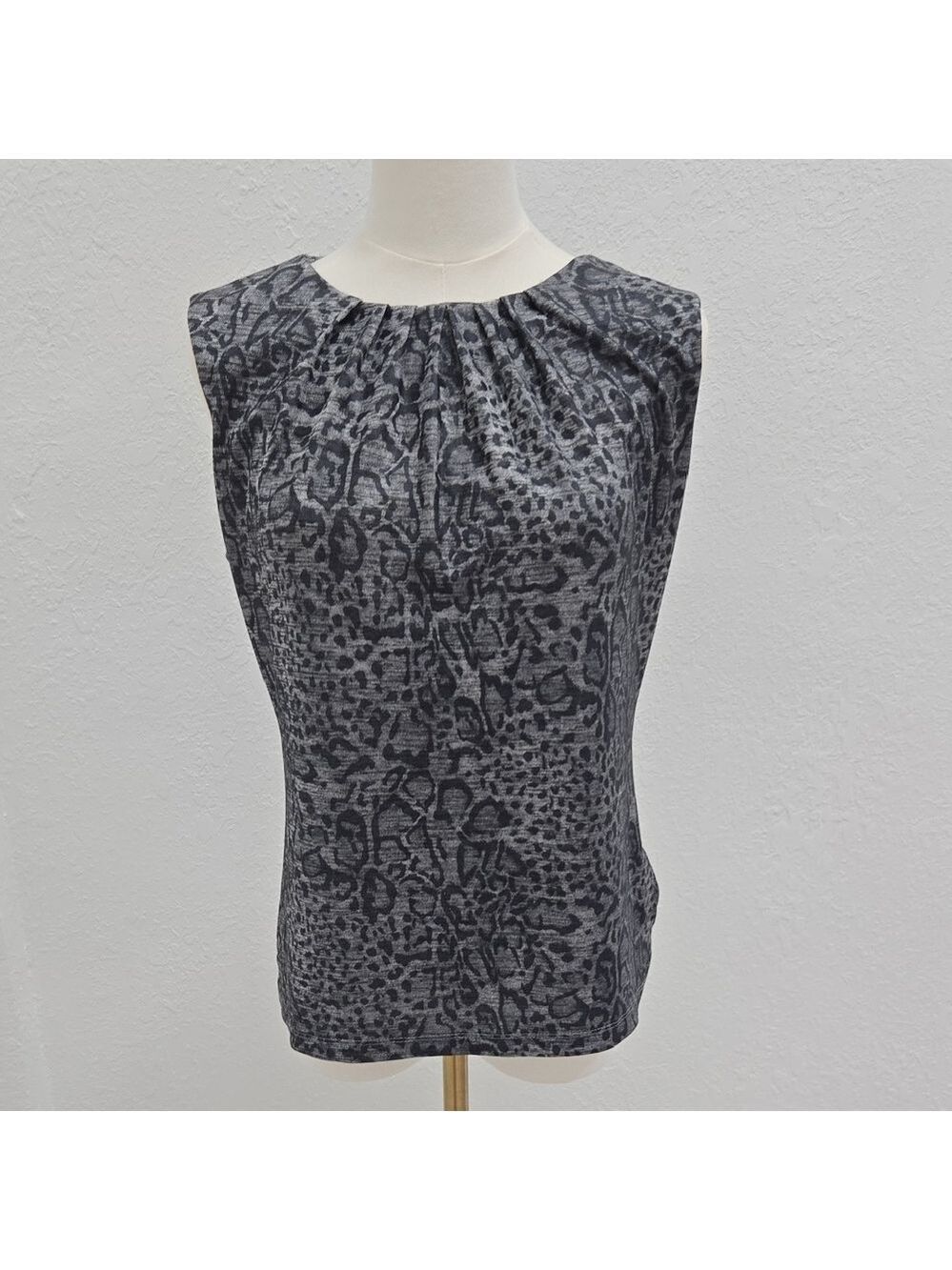 Calvin Klein Gray Sleeveless Animal-Print Pleated-Neck Shell